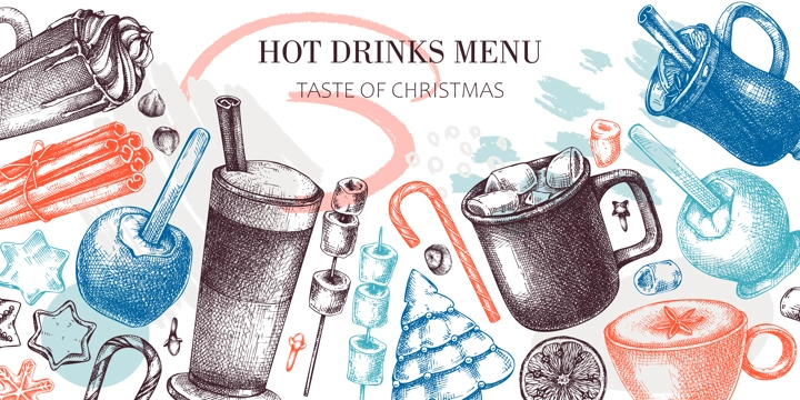 Hot drinks menu design. Mulled wine, coffee, hot chocolate, cocoa vector sketches. Christmas design template. Winter drinks and sweets frame template. Trendy food background in collage style